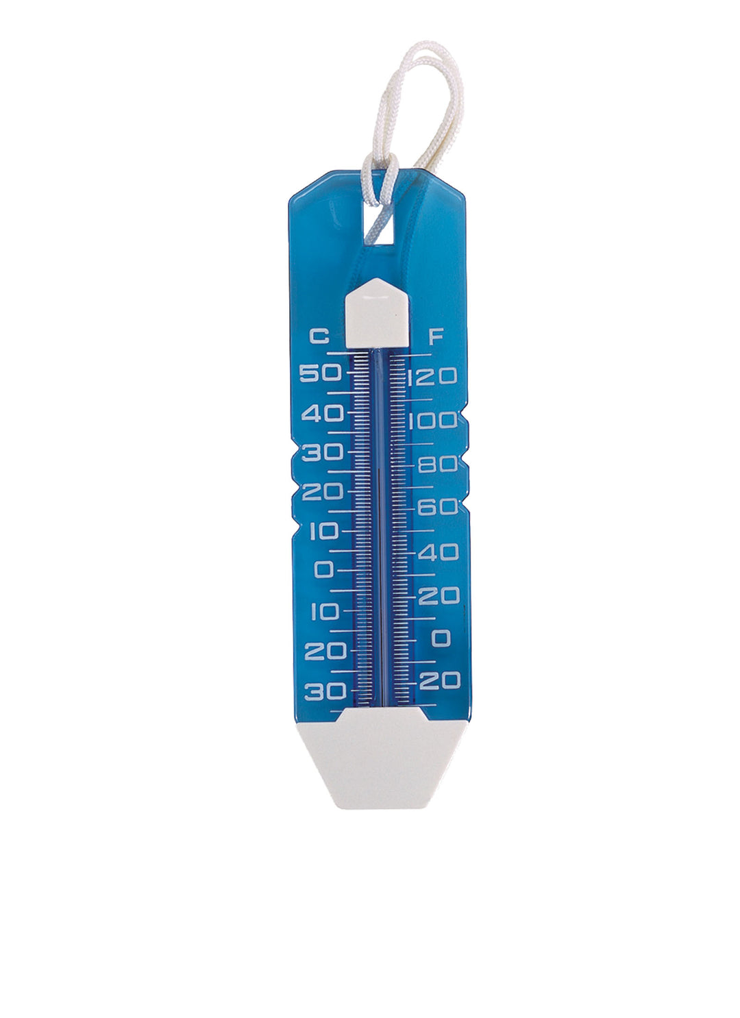 blue plastic jumbo thermometer with white markings and a white hanging loop at the top showing Celsius and Fahrenheit scales