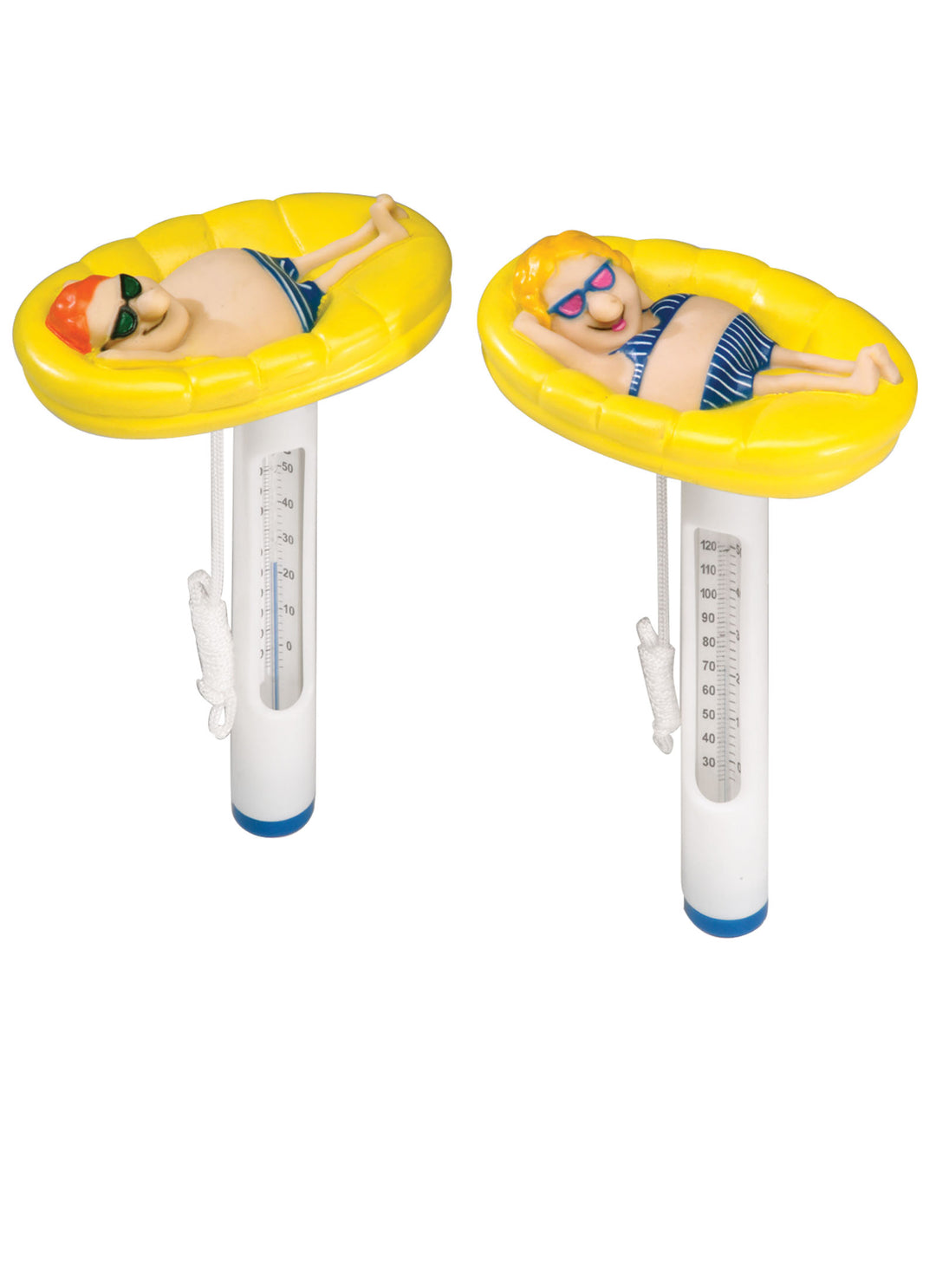 Two floating pool thermometers featuring cartoonish figures sunbathing on bright yellow inflatable loungers with sunglasses and swimwear.