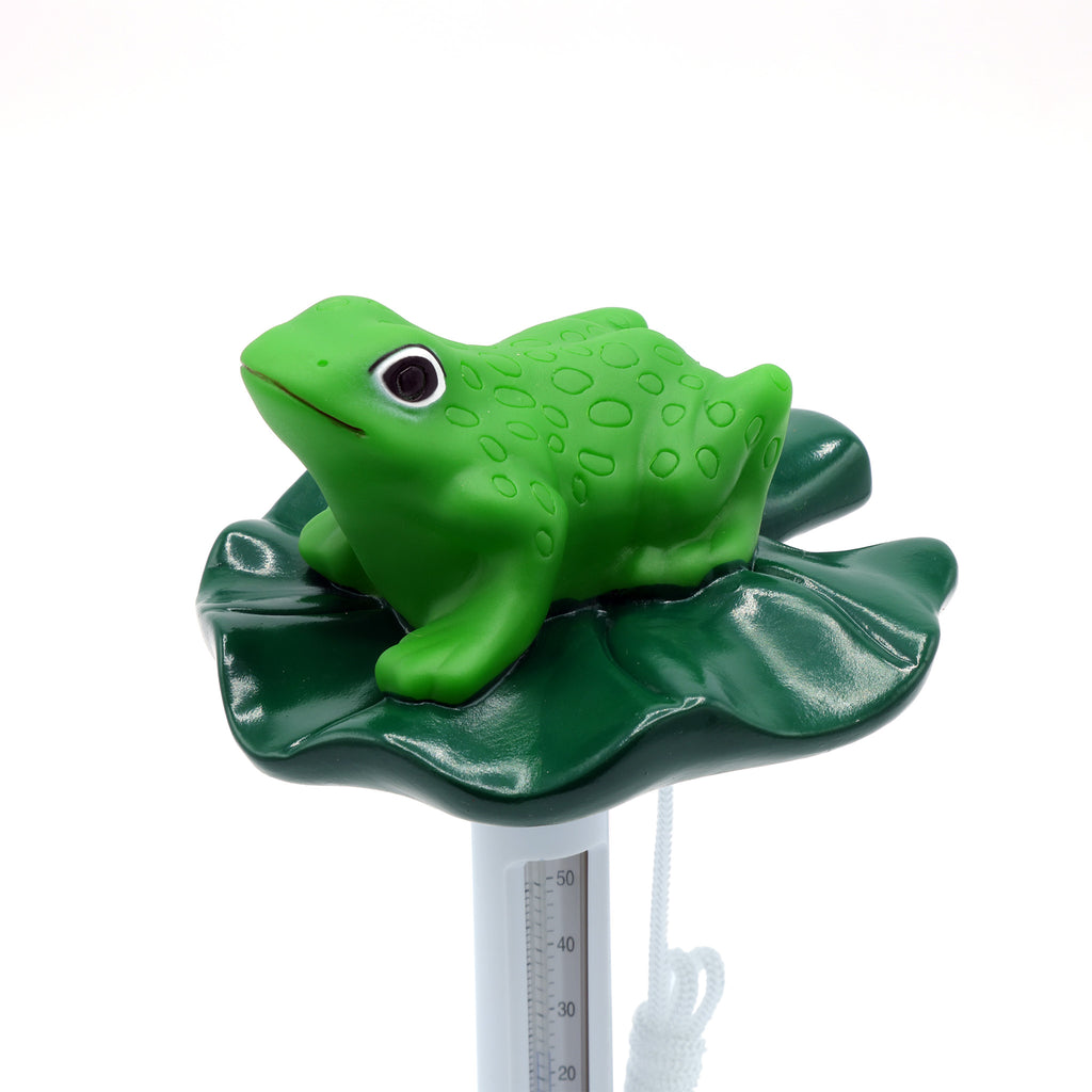 Ocean Blue floating frog thermometer in bright green on a dark green lily pad with white measurement gauge underneath and attached rope