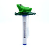 Ocean Blue floating frog thermometer with bright green frog on a dark green lily pad above white tube with blue and white temperature scale and attached white rope