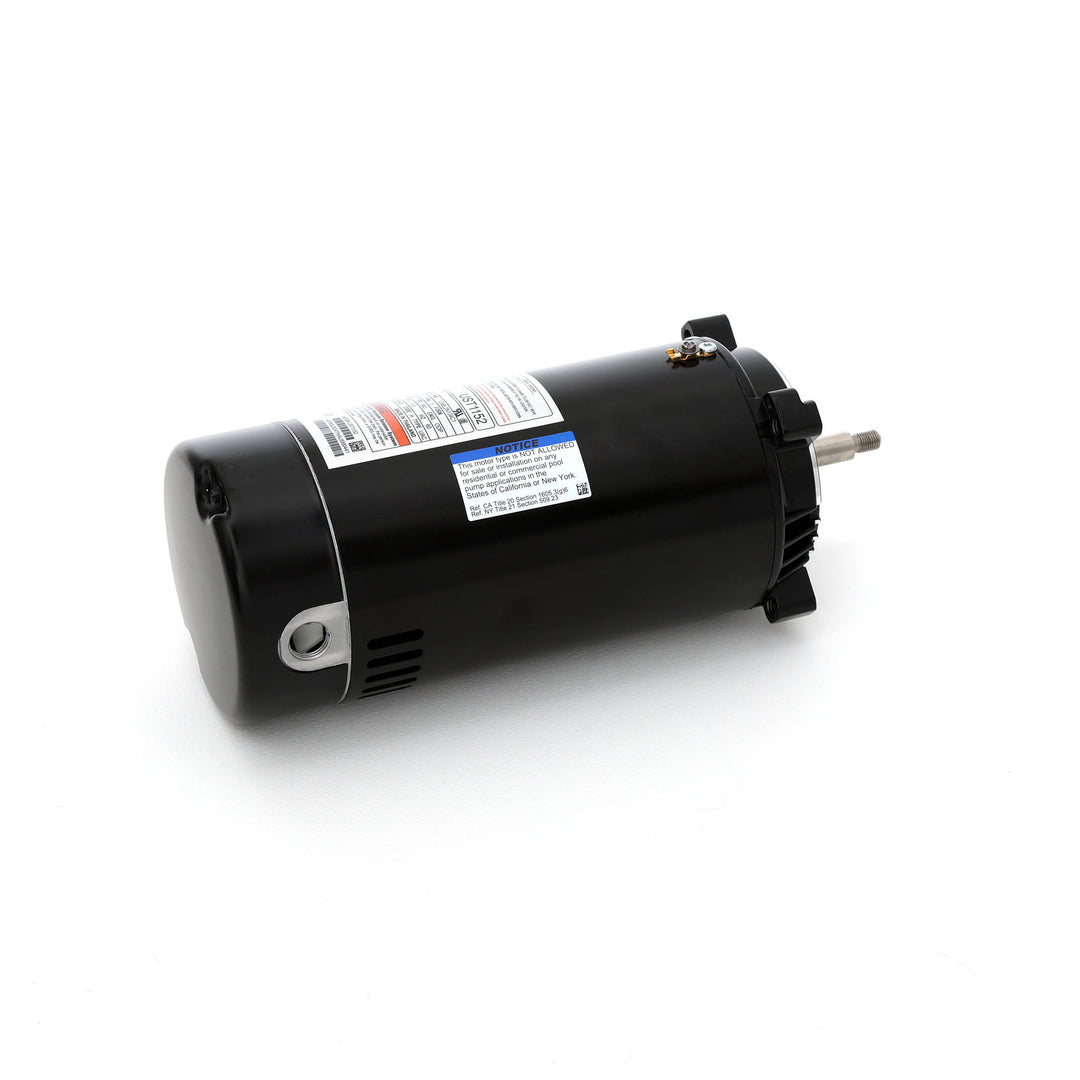 Century pool pump motor in black cylindrical shape with threaded metal shaft and warning label on side