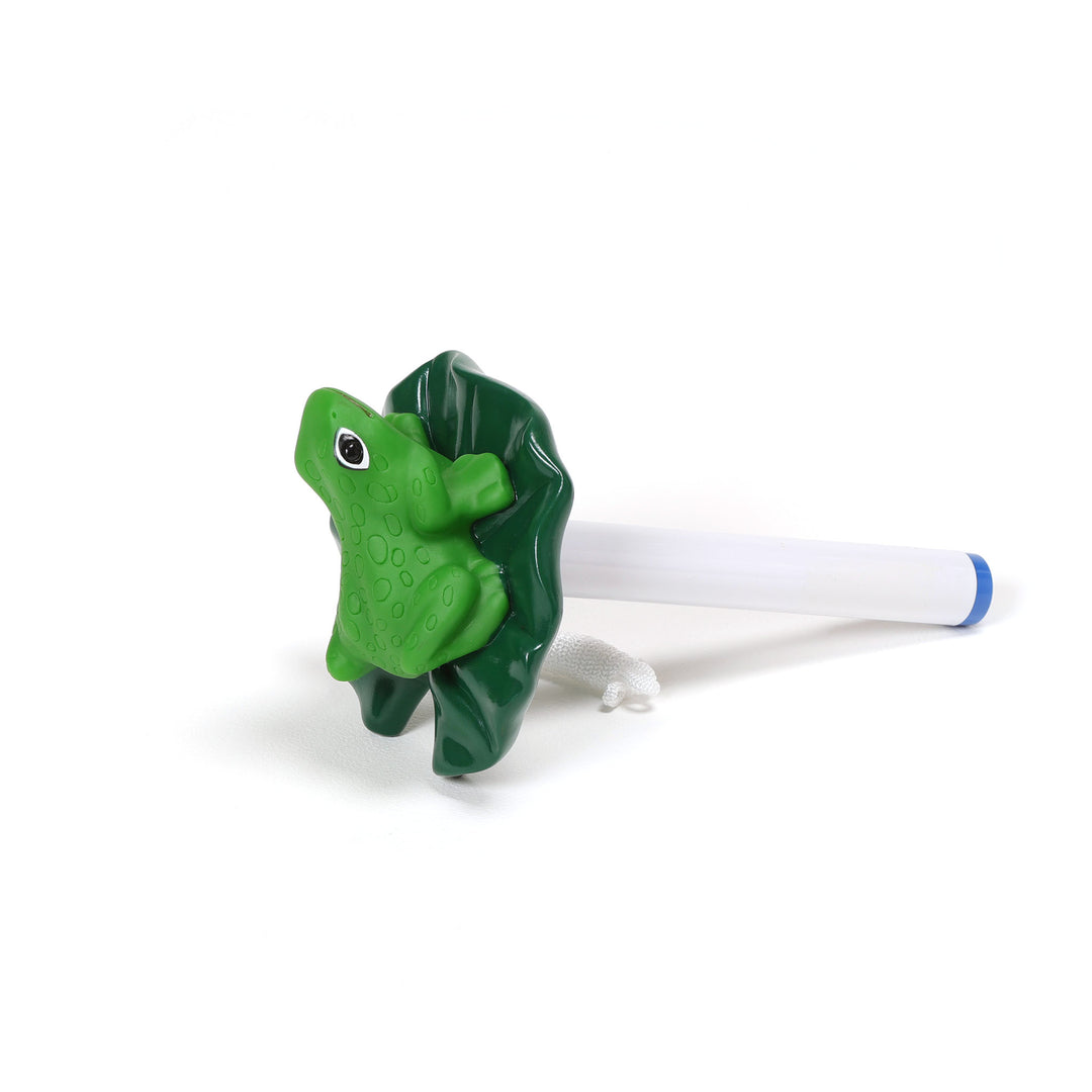 Ocean Blue floating frog thermometer with a bright green frog sitting on a dark green lily pad attached to a white cylindrical stem with a blue tip and a white rope