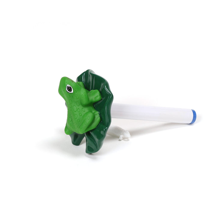Ocean Blue floating frog thermometer with a bright green frog sitting on a dark green lily pad attached to a white cylindrical stem with a blue tip and a white rope