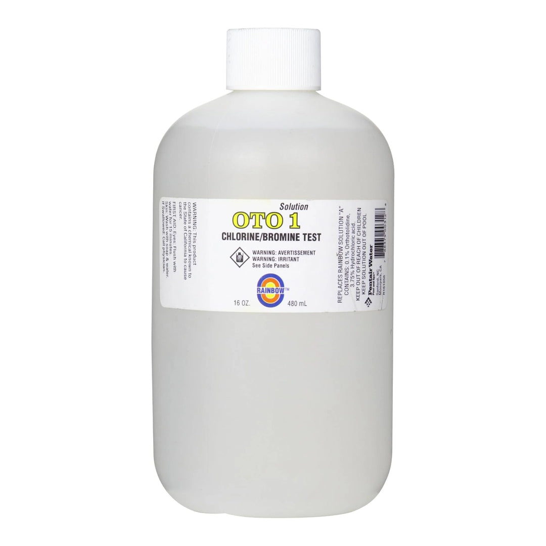 White plastic bottle with cap, labeled Rainbow OTO 1 Chlorine/Bromine Test Solution, 16 oz, Pentair R161056.