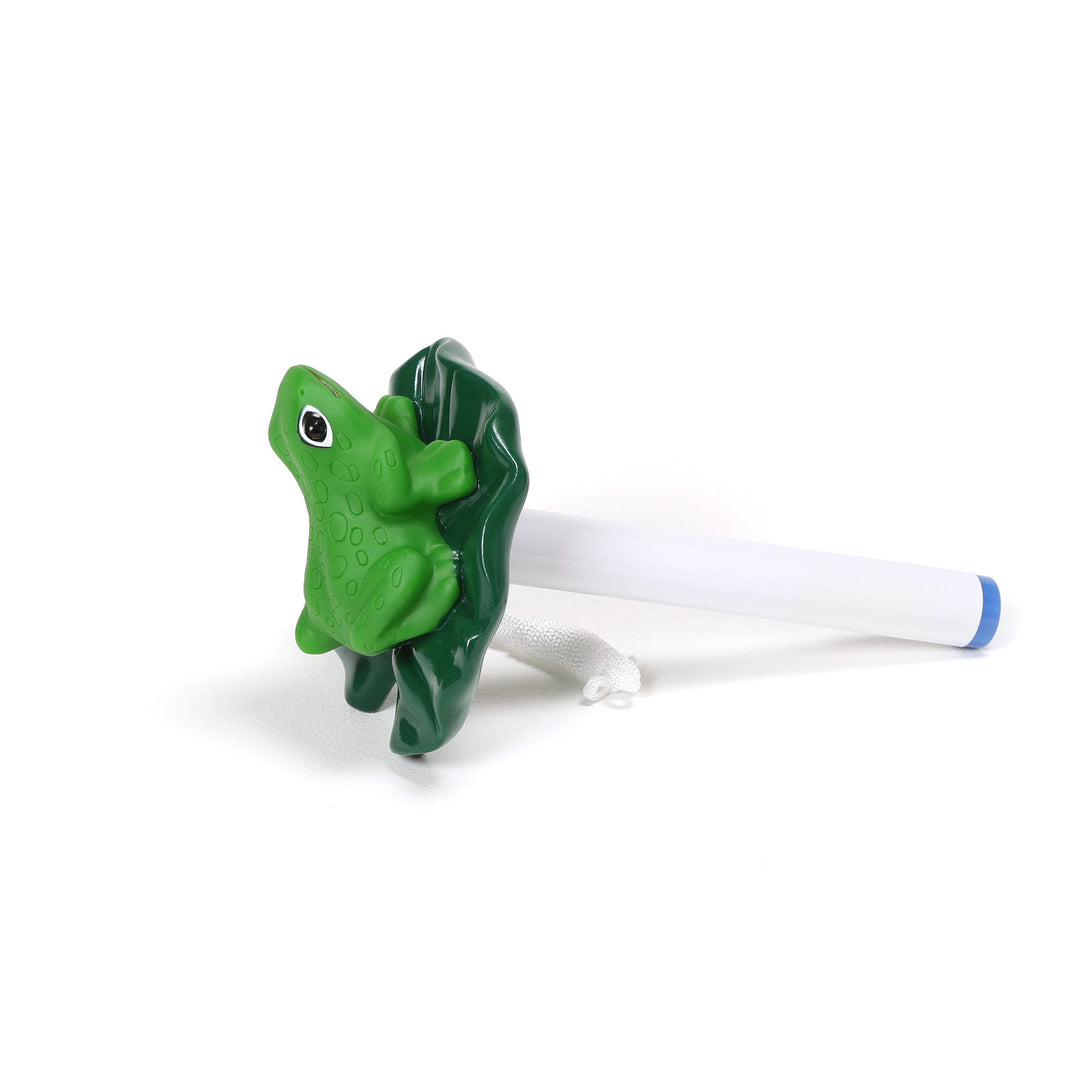 Ocean Blue floating frog thermometer with bright green frog sitting on a dark green lily pad attached to a white cylindrical stem with a blue tip and hanging white string