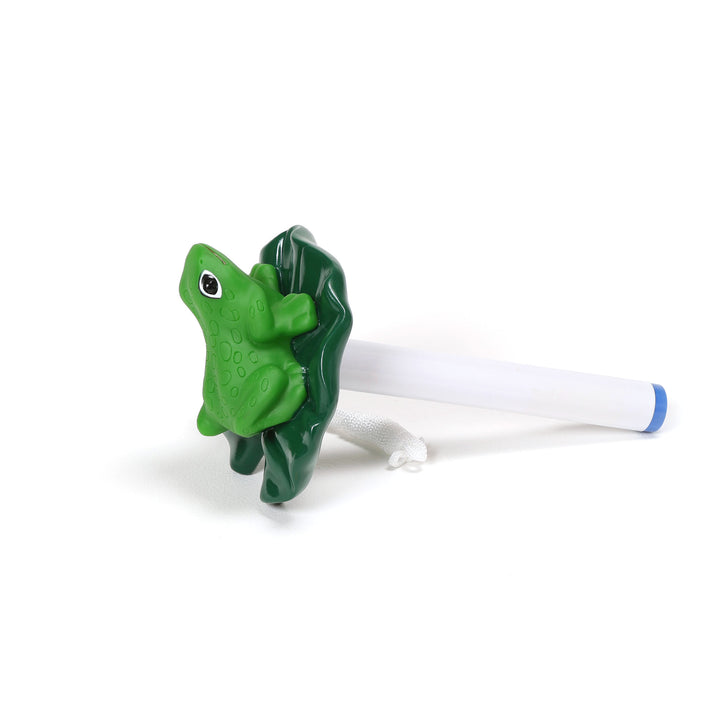 Ocean Blue floating frog thermometer with bright green frog sitting on a dark green lily pad attached to a white cylindrical stem with a blue tip and hanging white string