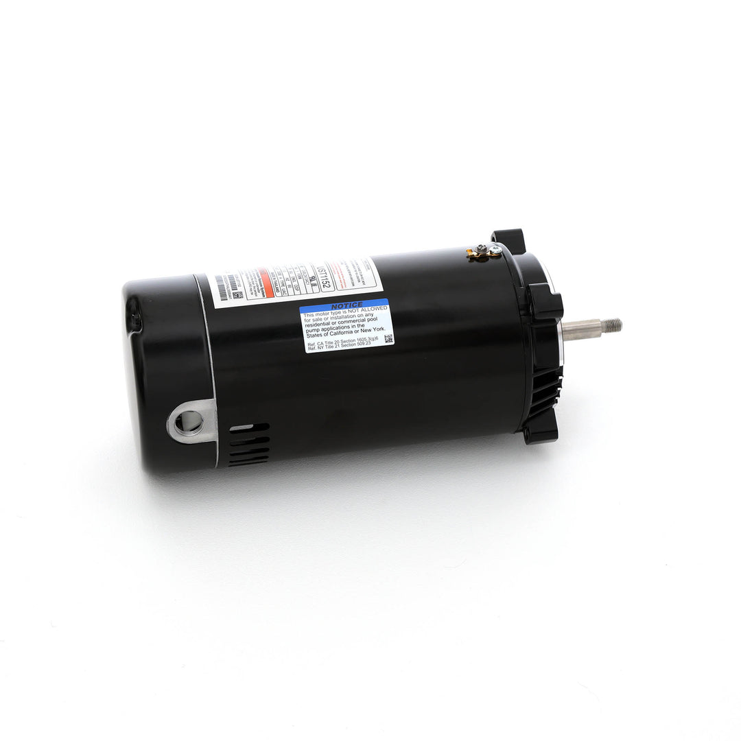 Century pool pump motor model UST1152 in black with threaded shaft and attached label showing specifications lying on white background