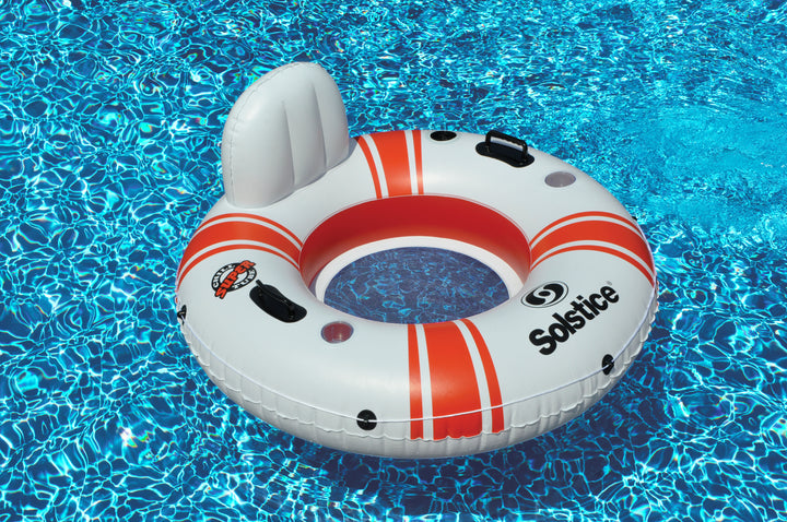 white and orange inflatable river tube with backrest and handles floating on clear blue water in a swimming pool