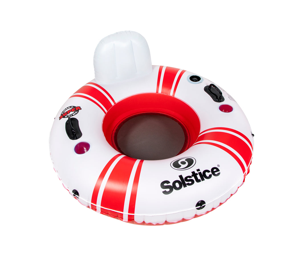 inflatable white and red pool tube with backrest and mesh seating area with black handles and cup holders