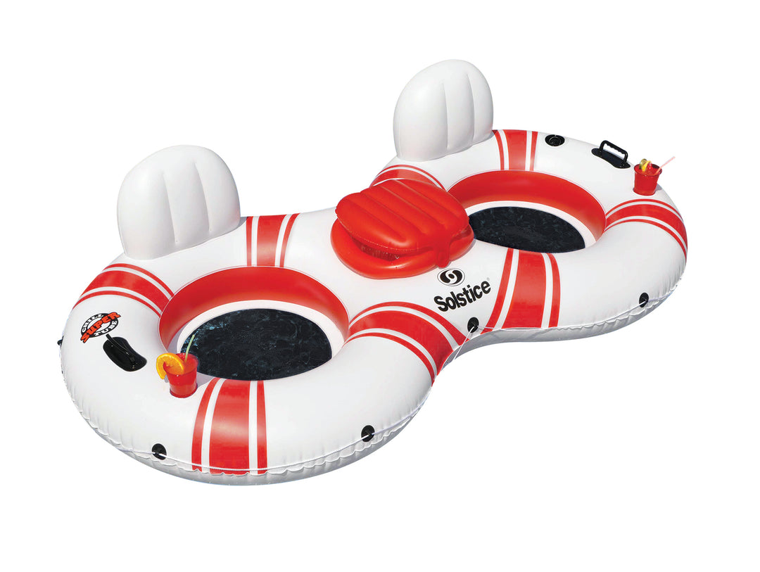 Inflatable double river tube pool float in white and red with two seat holes, backrests, cup holders with drinks, and a center cooler section