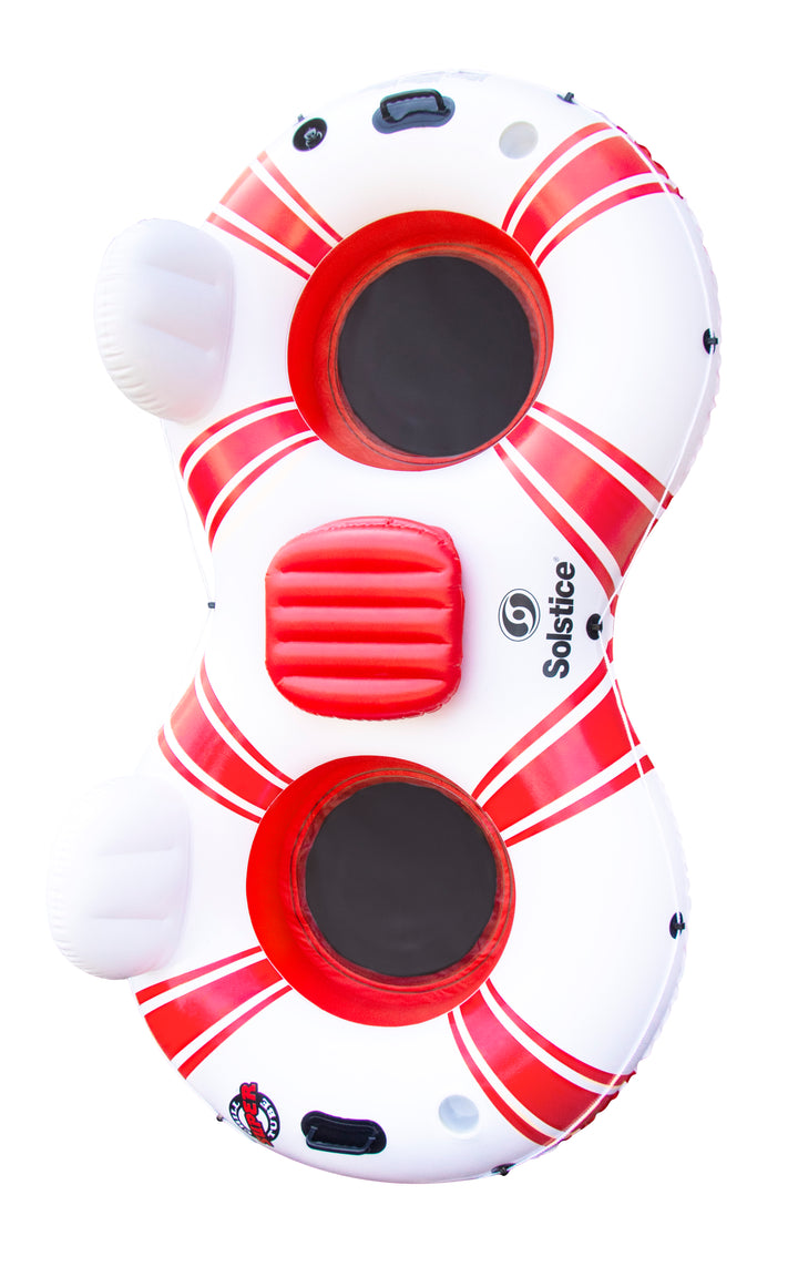 White and red inflatable double river tube with two black mesh cooler openings, two white backrests, and a red seat cushion