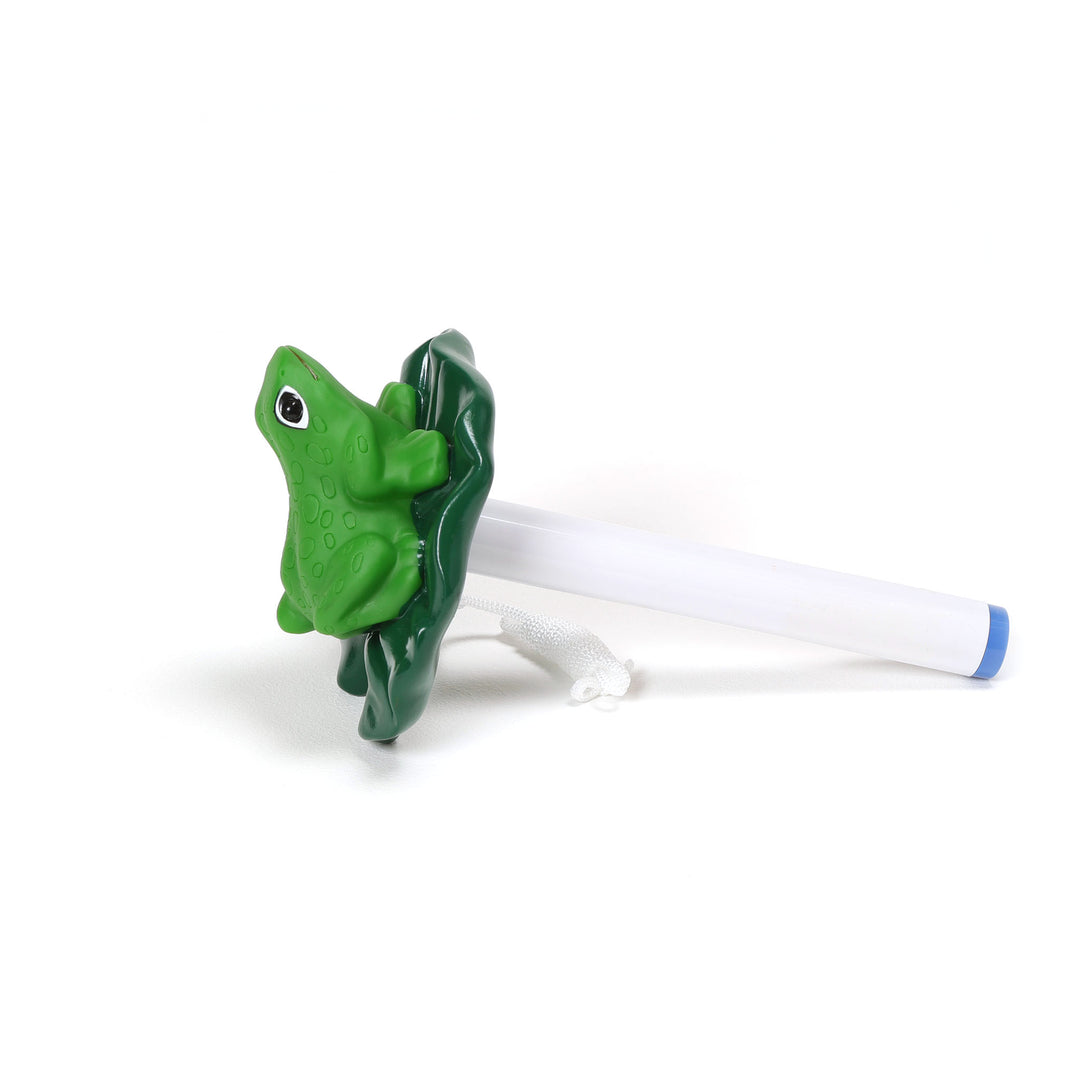 Ocean Blue floating frog pool thermometer featuring a green frog on a dark green lily pad attached to a white stem with blue tip and a white string