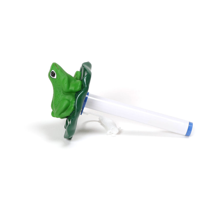 Ocean Blue floating frog thermometer with bright green frog figure sitting on dark green lily pad attached to white cylindrical stem with blue tip and white hanging cord