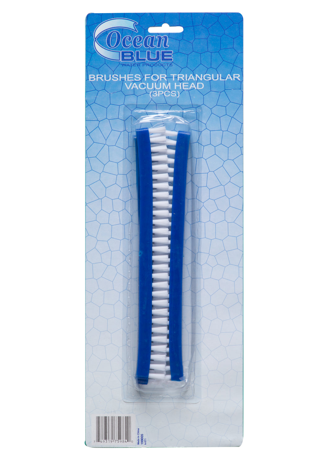 Two blue vacuum head replacement brushes with white bristles packaged in clear plastic on hexagonal patterned blue cardboard backing