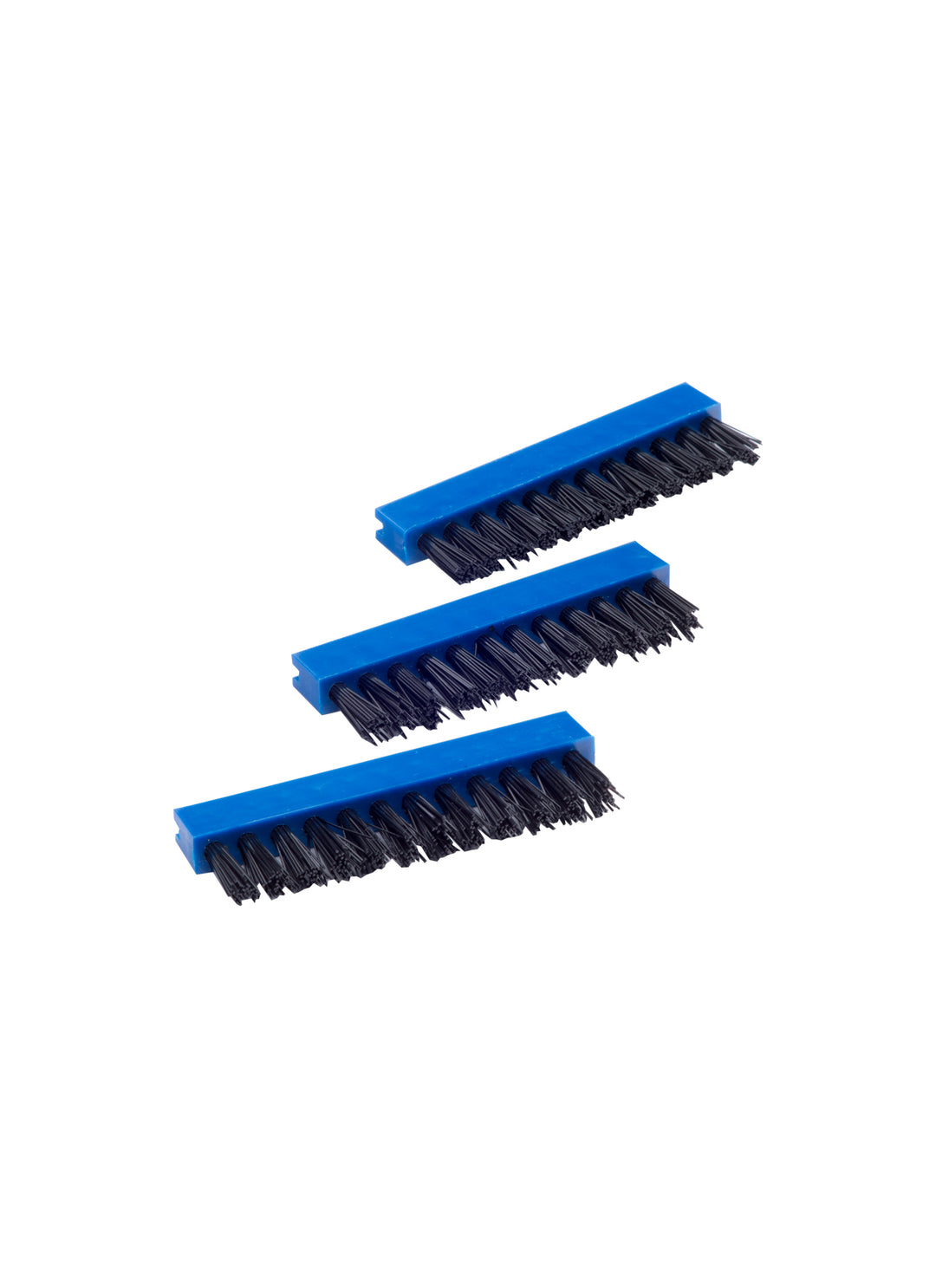 Three small replacement brush heads with blue plastic bases and black bristles arranged diagonally on a white background