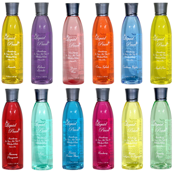 Twelve 8oz Liquid Pearl aromatherapy bottles by Insparation Inc arranged in two rows showing various colors and scents including yellow amaretto and blue caribbean nights with black caps