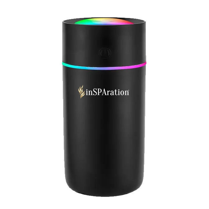 Insparation Inc aromatherapy diffuser in sleek black cylindrical shape with a multicolor LED ring near the top and logo on the front