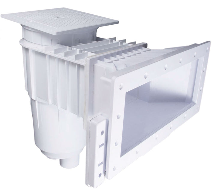 white plastic pool skimmer with wide rectangular opening and attached drain fitting with mounting holes around the edge