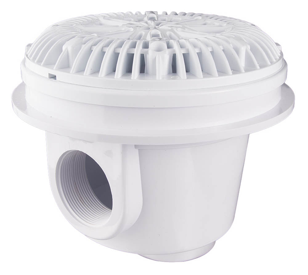 white vinyl pool skimmer with a wide mouth and a 2 inch FIP threaded drain opening