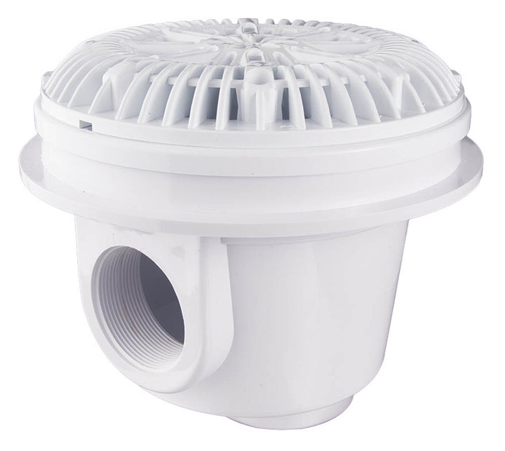 white vinyl pool skimmer with a wide mouth and a 2 inch FIP threaded drain opening