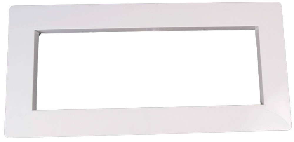 white rectangular frame with a wide rectangular opening designed for vinyl pool skimmer installation