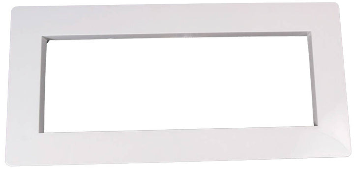 white rectangular frame with a wide rectangular opening designed for vinyl pool skimmer installation