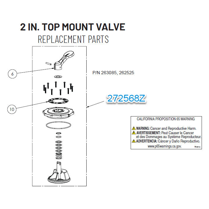 exploded parts breakdown diagram of pentair 2 inch top mount clamp valve top assembly showing handle, screws, gasket, spring, and base components