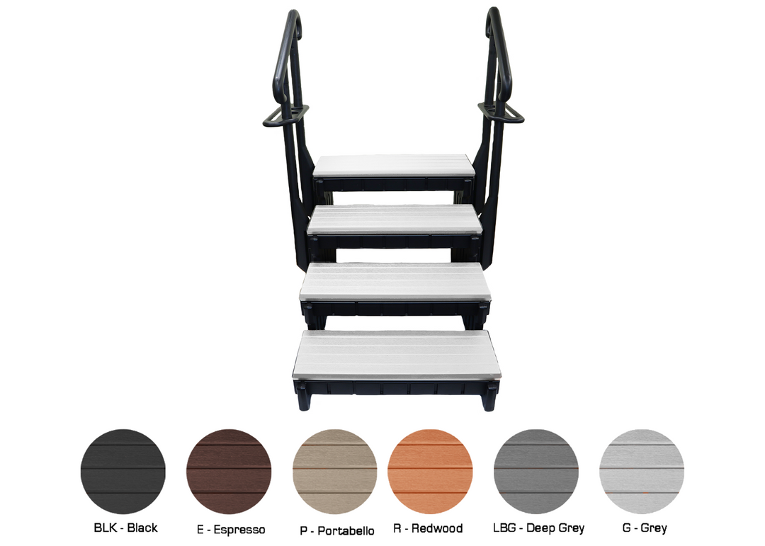Confer Signature Spa Step with 4 gray treads and black sidewalls featuring black handrails shown on white background with six color swatches below