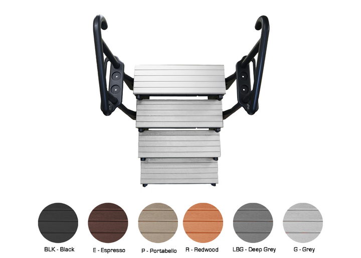 confer signature spa step 4-tread in grey with black sidewalls and sturdy black handrails shown from top view with color options below