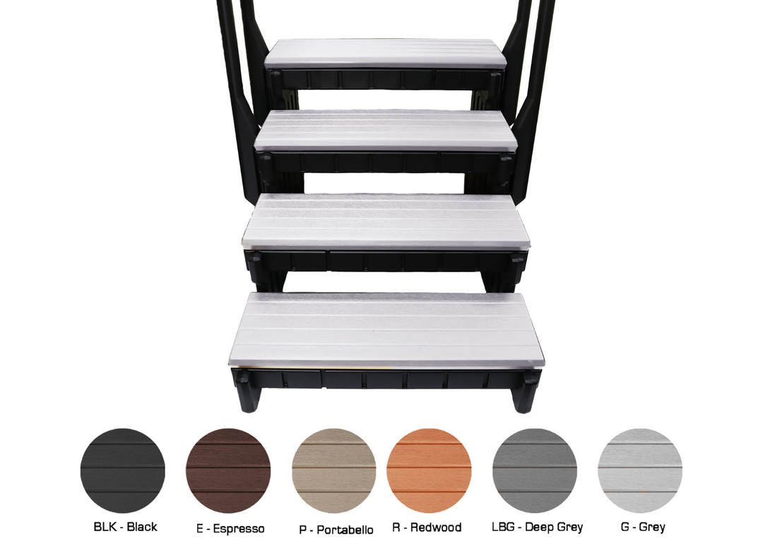Confer Signature Spa Step with 4 gray treads and black sidewalls showing stair structure and step surfaces with color options below