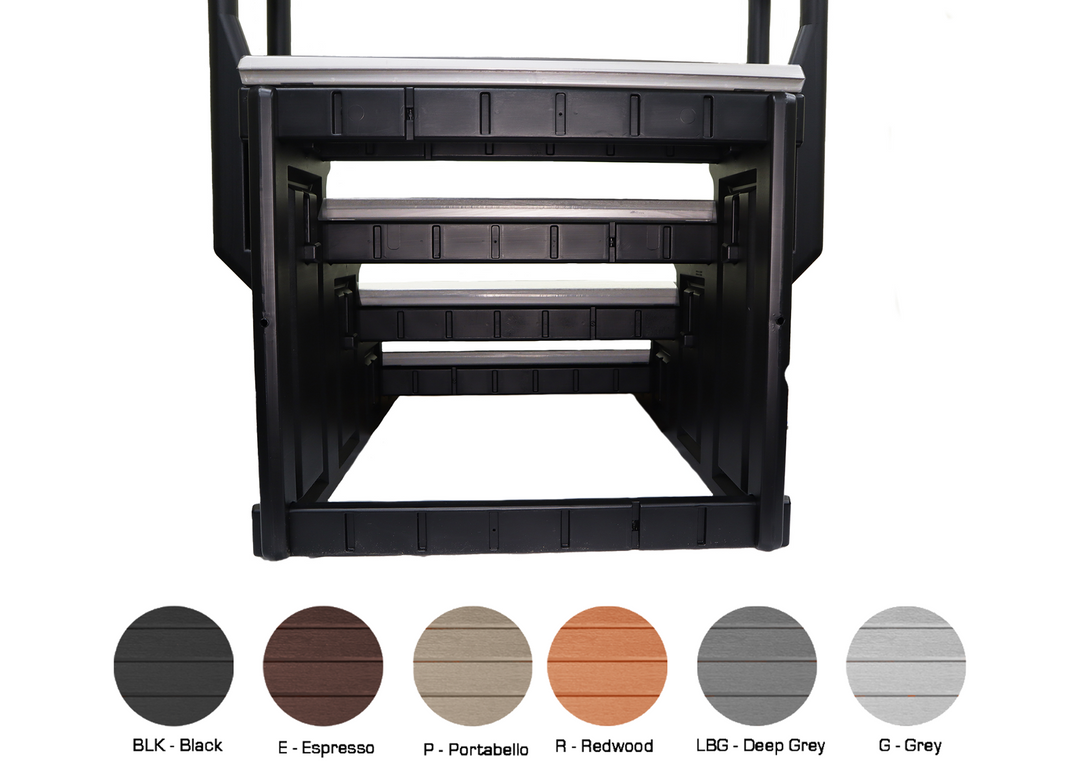 Confer Signature Spa Step with 4 black treads and black sidewalls showing the front view of stair steps stacked inside each other