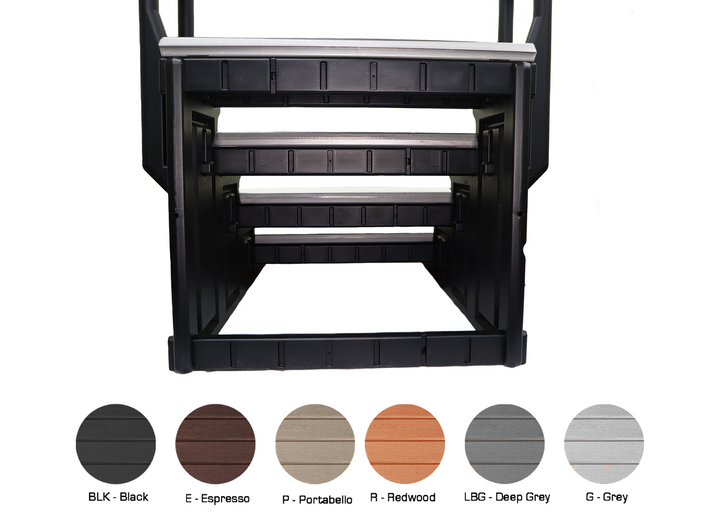 Confer Signature Spa Step with 4 black treads and black sidewalls showing the front view of stair steps stacked inside each other