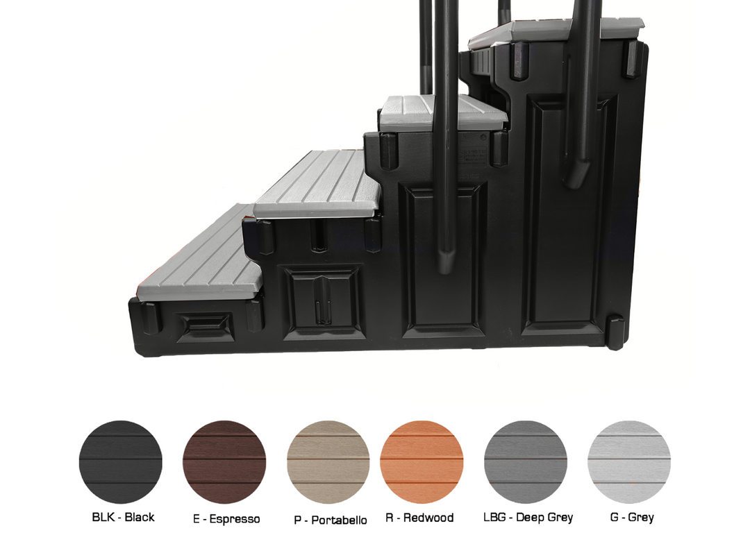 Confer Signature Spa Step 4-Tread with black tread and black sidewalls shown from side profile highlighting three steps and attached handrails