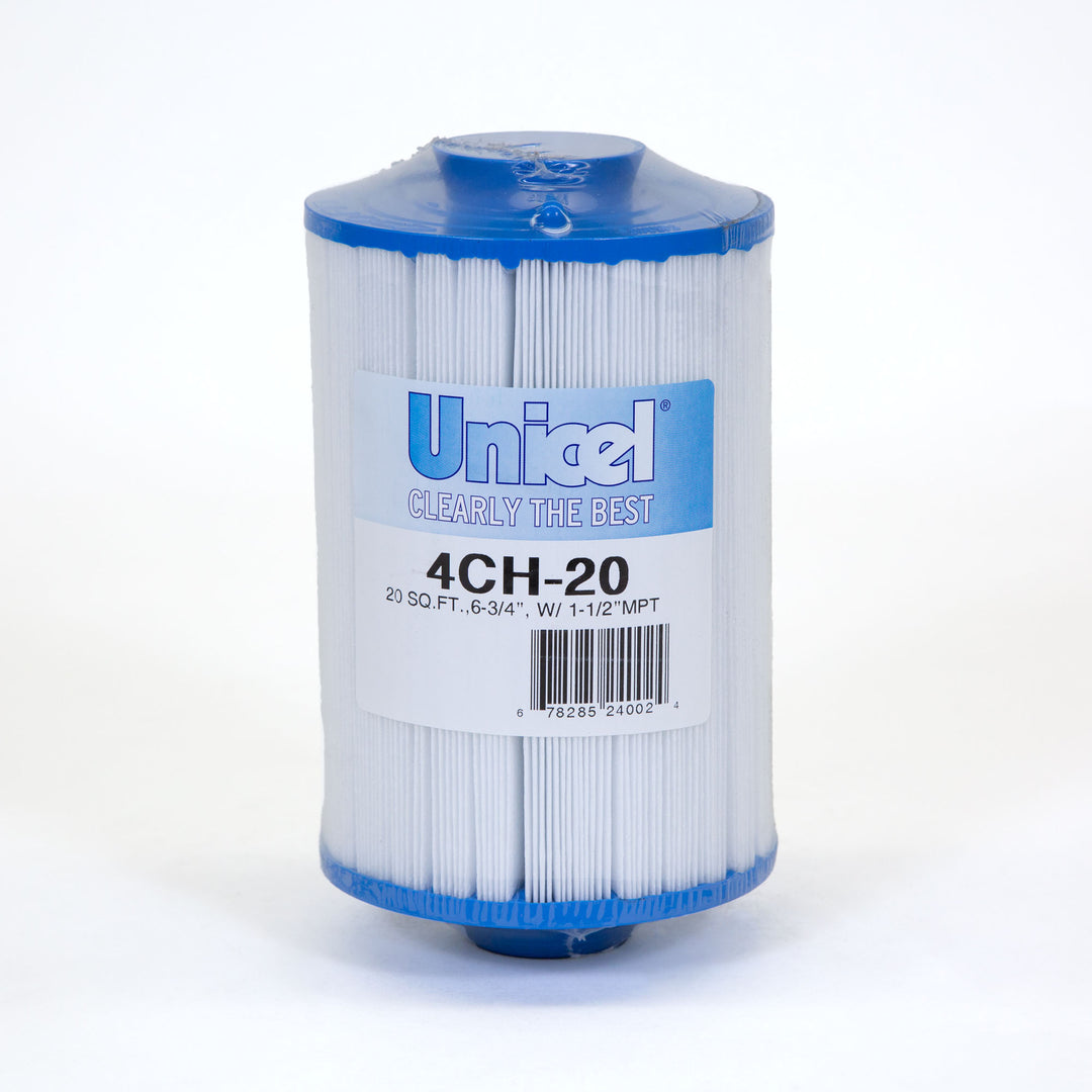 cylindrical white pool filter cartridge with blue end caps and Unicel branding on label against white background