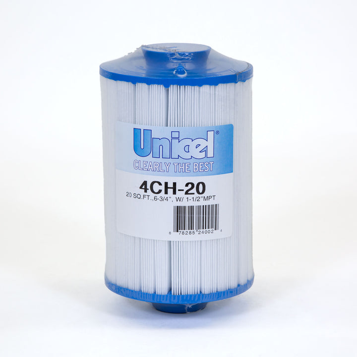 cylindrical white pool filter cartridge with blue end caps and Unicel branding on label against white background