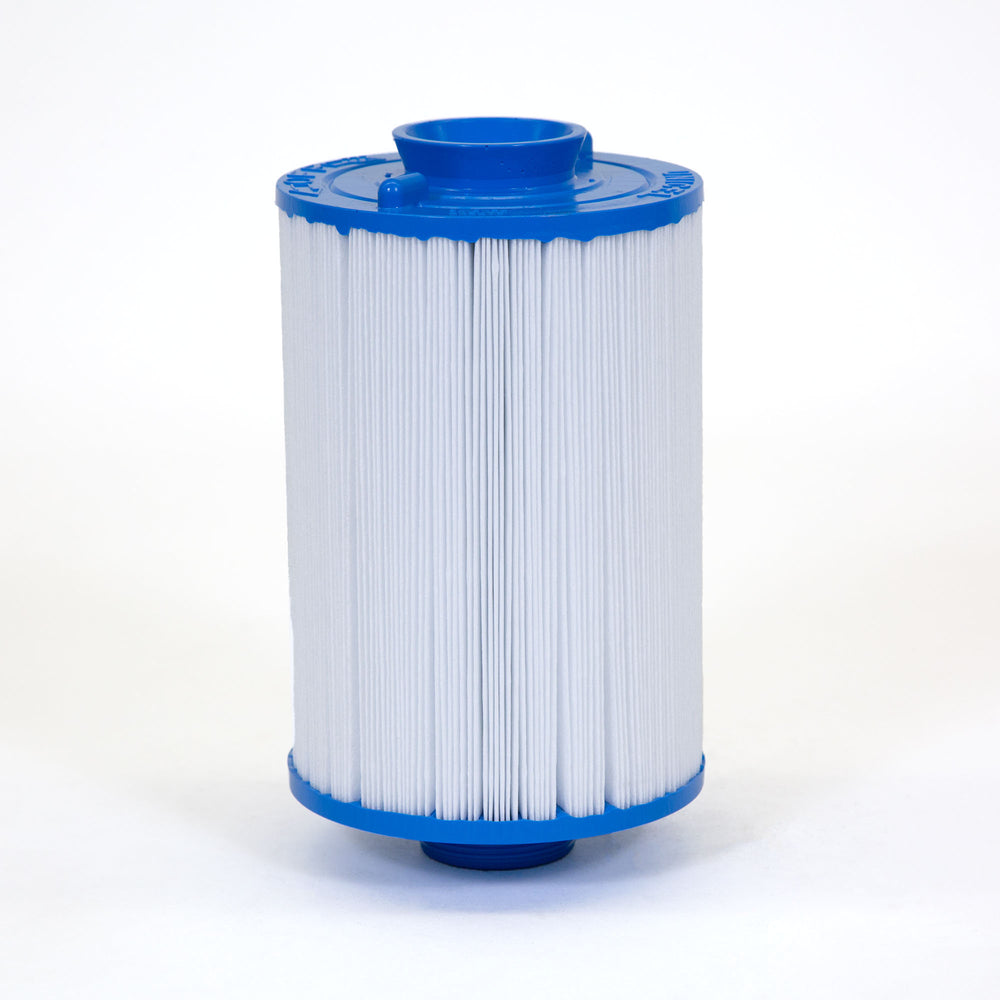 cylindrical pool filter cartridge with white pleated material and blue plastic top and bottom fittings