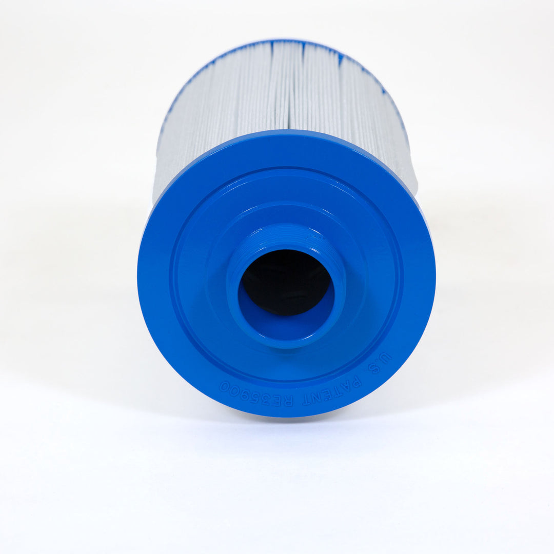 Cylindrical pool filter cartridge with white pleated material and blue plastic threaded bottom fitting