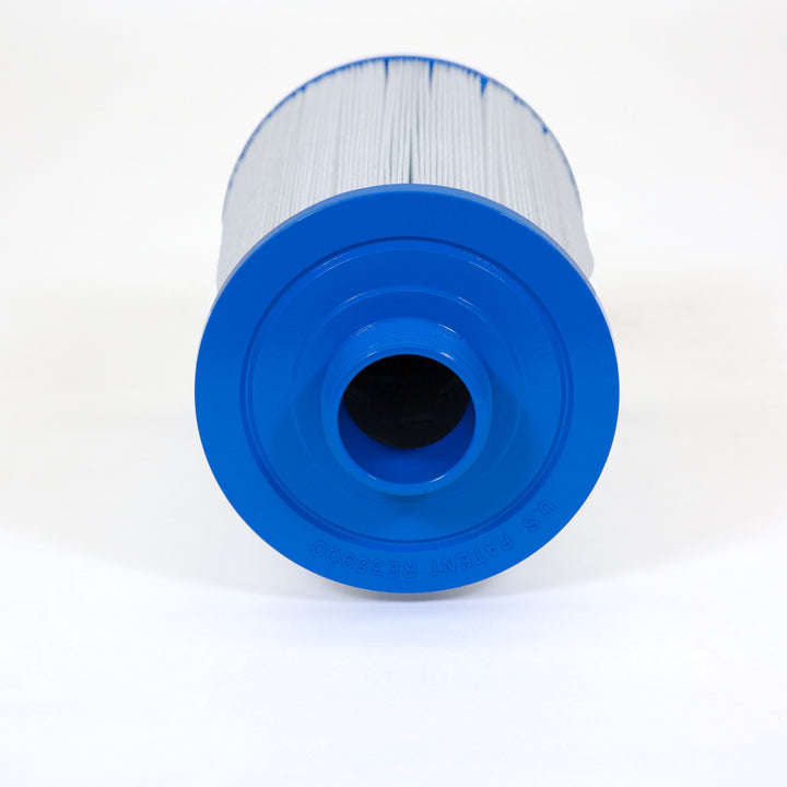 Cylindrical pool filter cartridge with white pleated material and blue plastic threaded bottom fitting