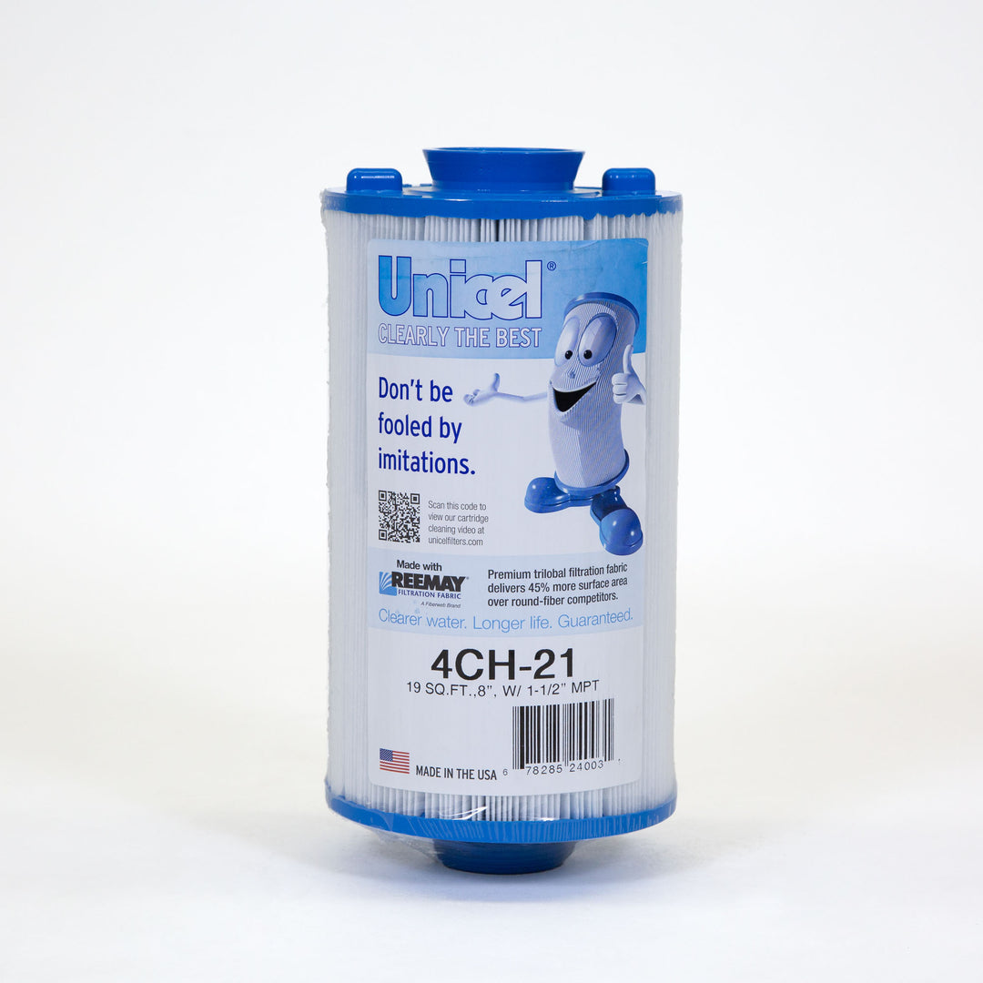 vertical cylindrical pool filter cartridge with blue end caps and white pleated fabric wrapped label with cartoon character and product details