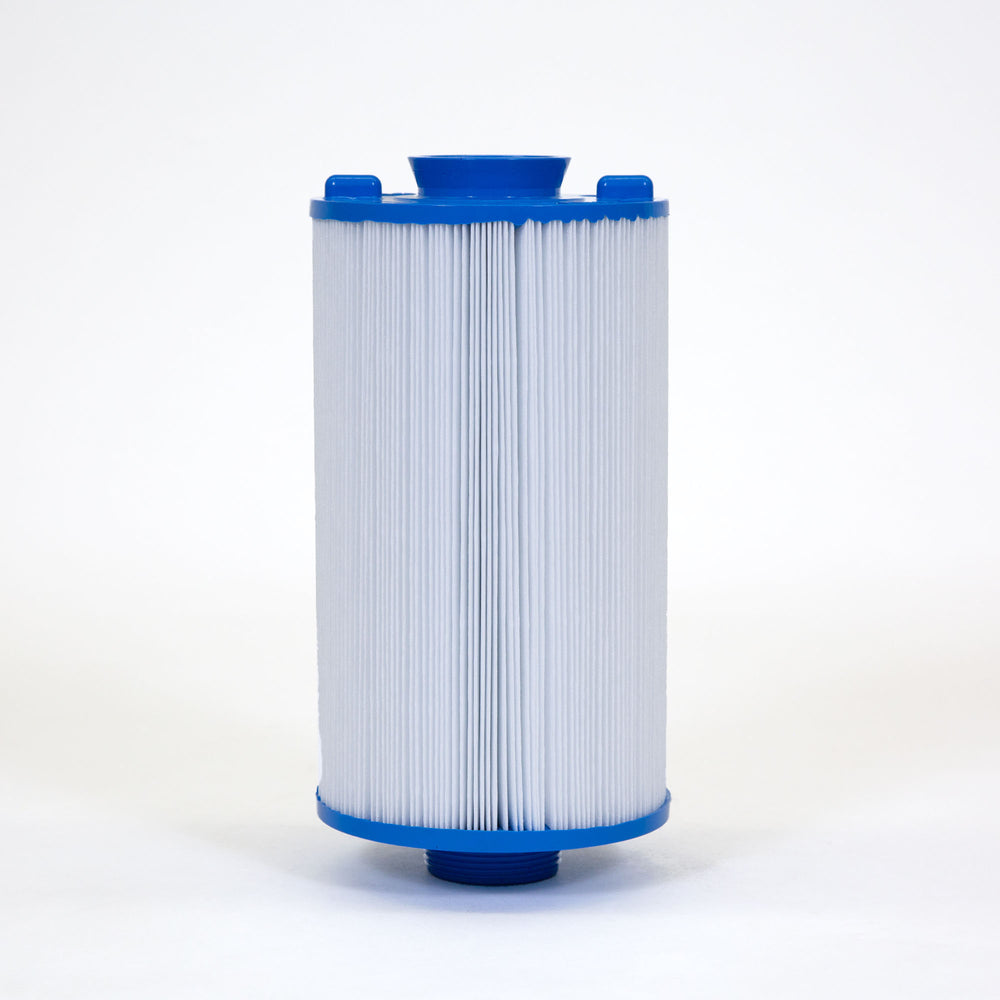 tall cylindrical pool filter cartridge with white pleated material and blue plastic top and bottom edges
