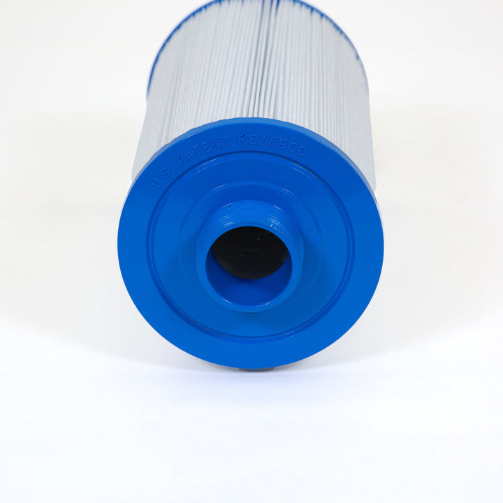cylindrical pool filter cartridge with pleated white filter material and bright blue plastic end cap with central hole