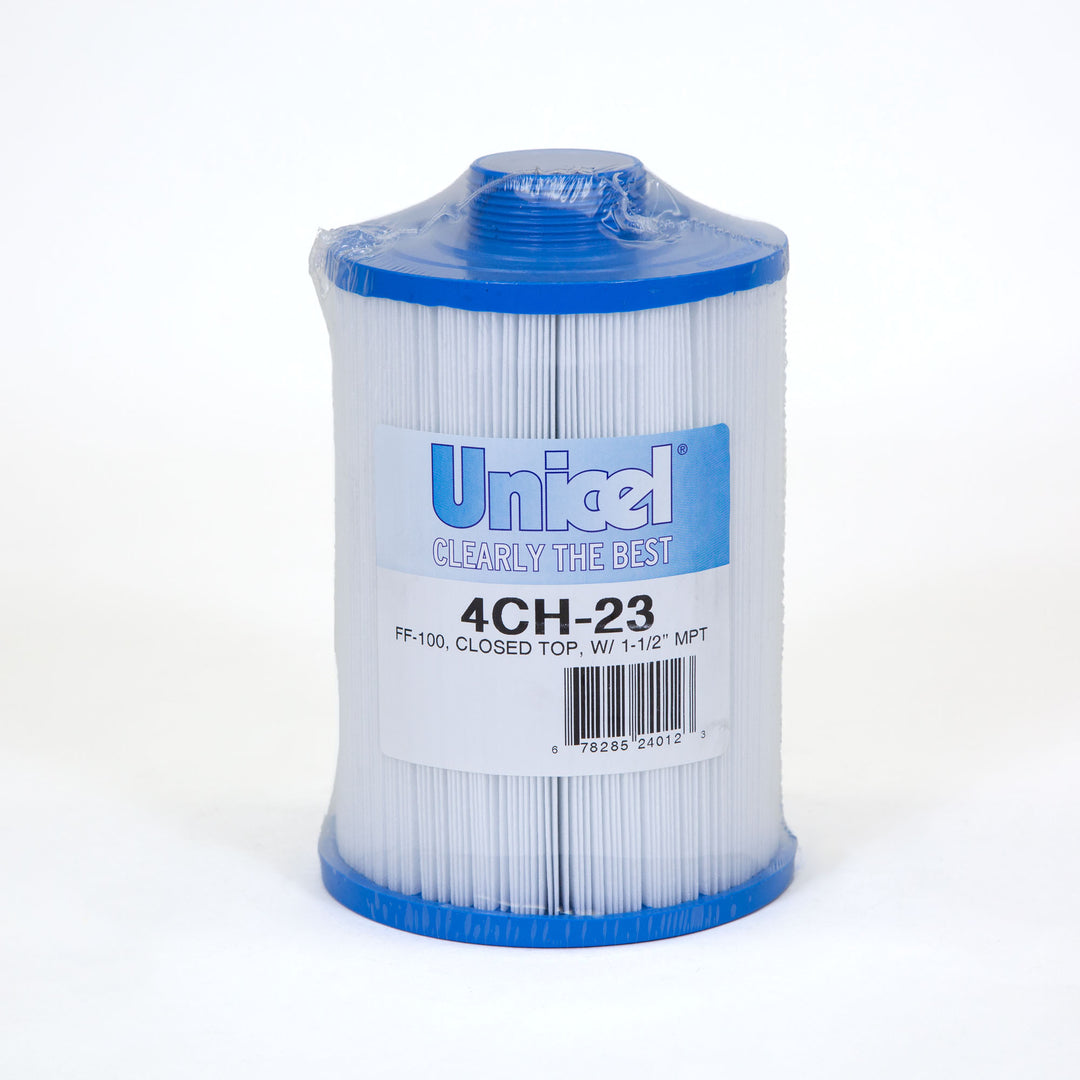 cylindrical spa filter with blue plastic ends and pleated white material wrapped in clear plastic