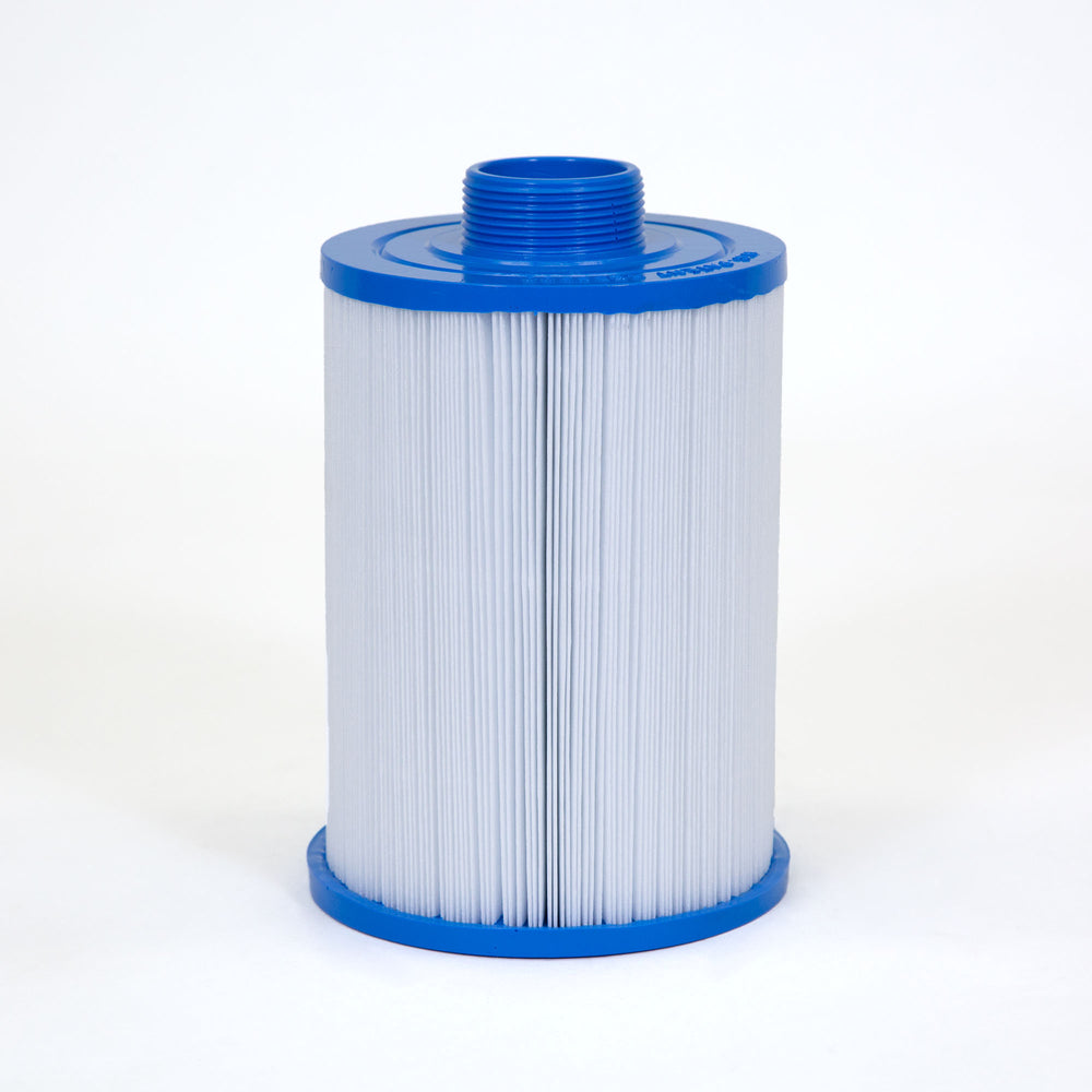 cylindrical replacement filter cartridge with white pleated material and blue plastic threaded end caps on white background