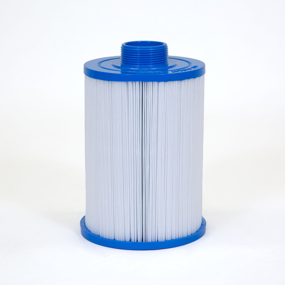 cylindrical replacement filter cartridge with white pleated material and blue plastic threaded end caps on white background