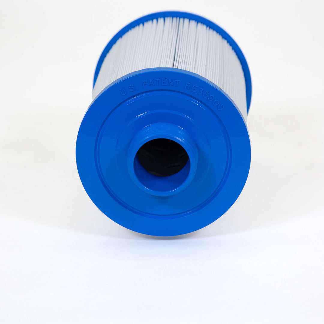 cylindrical replacement pool filter cartridge with white pleated material and blue plastic caps on ends
