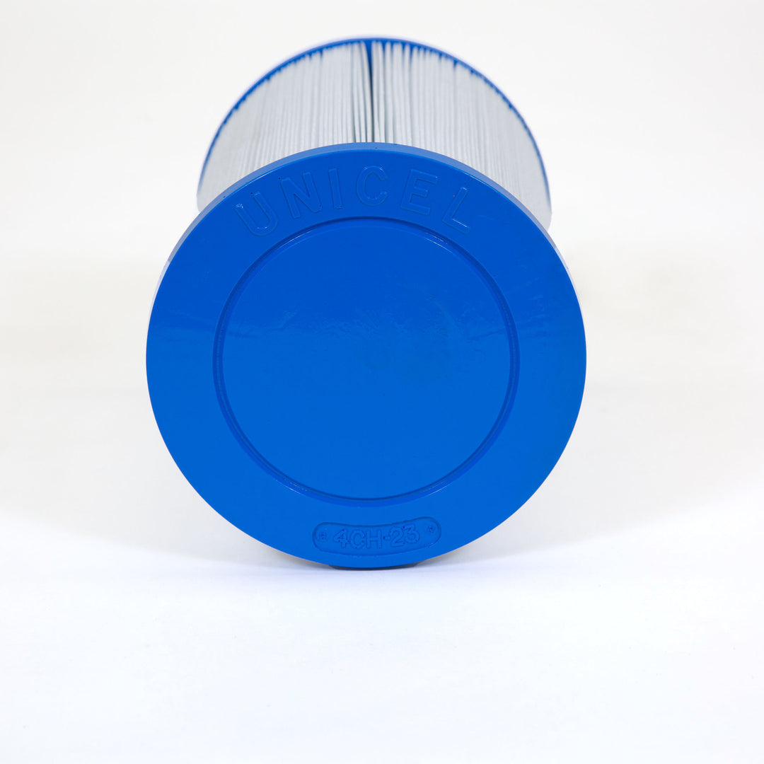 cylindrical pool filter cartridge with blue plastic end cap embossed with UNICEL and model 4CH-23 on pleated white filter material