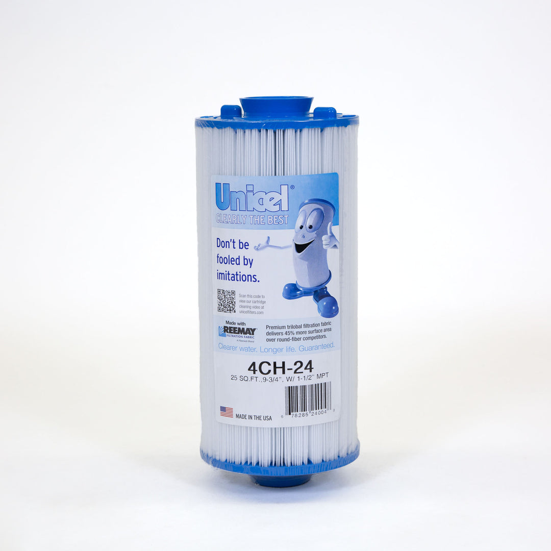cylindrical white pool filter cartridge with blue plastic end caps and a label featuring a cartoon filter character giving thumbs up