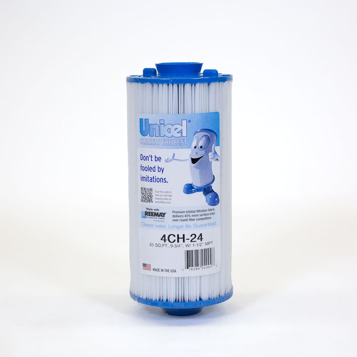 cylindrical white pool filter cartridge with blue plastic end caps and a label featuring a cartoon filter character giving thumbs up