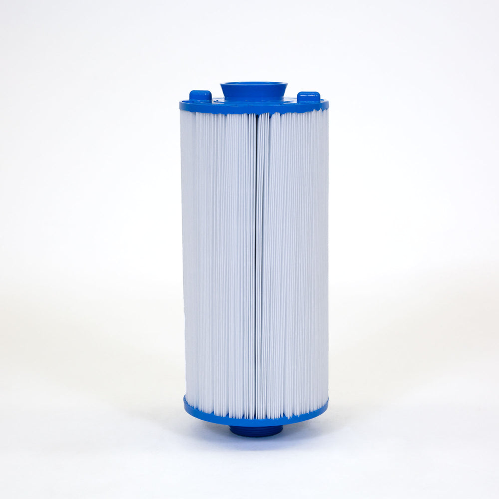 Tall cylindrical filter cartridge with white pleated material and blue plastic caps on top and bottom on a white background