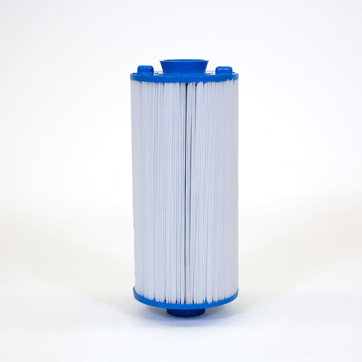 Tall cylindrical filter cartridge with white pleated material and blue plastic caps on top and bottom on a white background